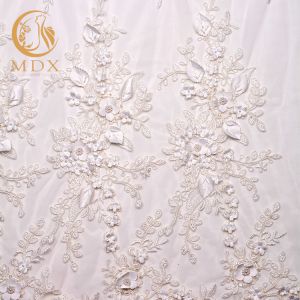 Wholesale MDX Beaded White Lace Fabrics 140cm Width Luxurious With 3D Flowers from china suppliers