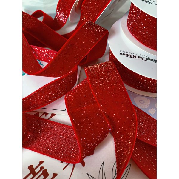 Shinny Glitter Velvet Ribbon 6mm-38mm Deep Red Velvet Ribbon Soft
