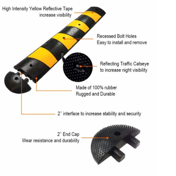 1830x300x58mm Reflective Rubber Speed Hump Heavy Duty Speed Bumps For Traffic Roadway