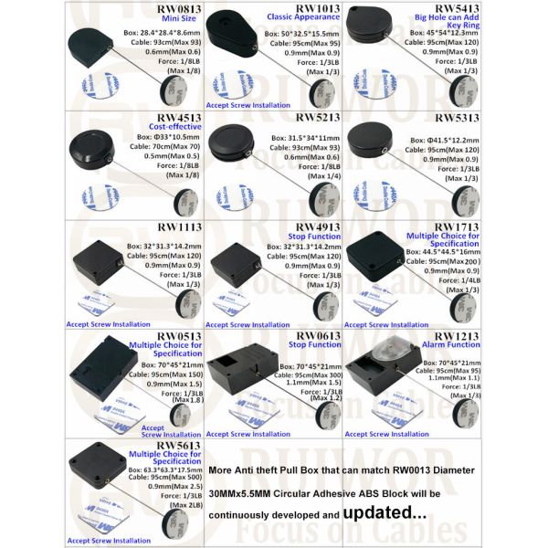 RW4913 Square Ratcheting Retractable Tether Plus Pause Function Plus Dia 30MMx5.5MM Circular Adhesive ABS Block