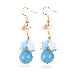 Custom DIY Crystal Aquamarine With White Flower Charm Round Shape Bead Earring