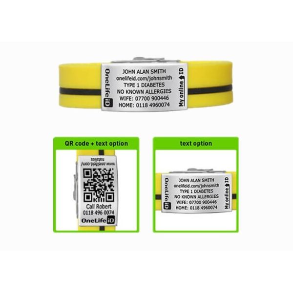 Quality Yellow black id wristbands for cyclists, engraved qr wristbands for runners for sale