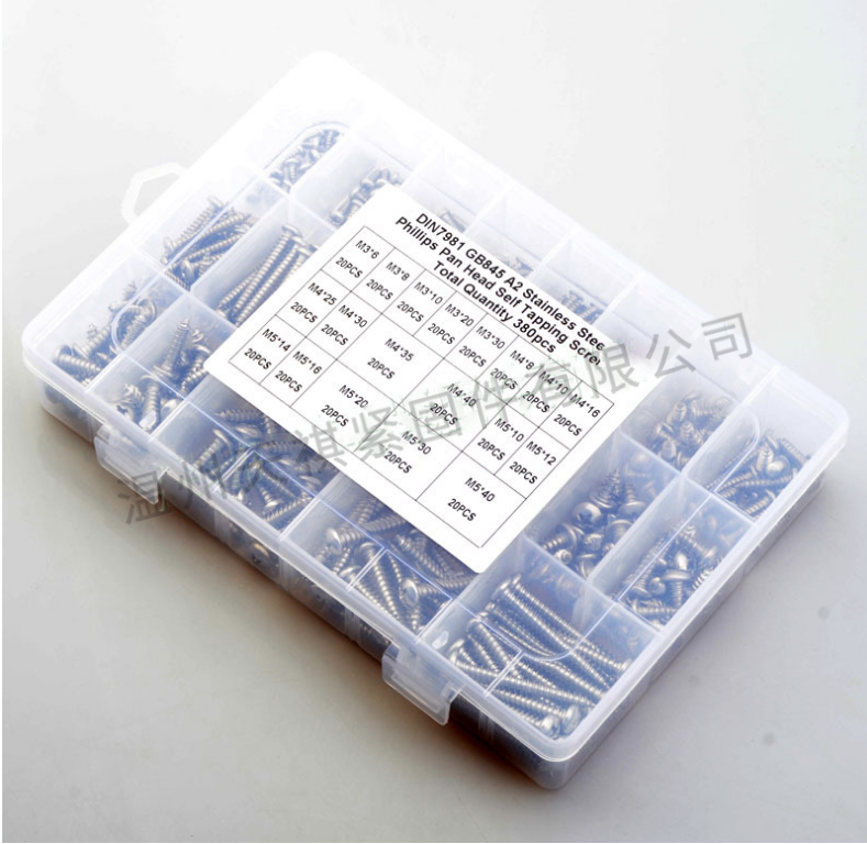 17*10*2.3 Screw nut combination set 380pcs stainless steel 304 din7981 cross pan head / round head self tapping m3m4m5 Assortment kit