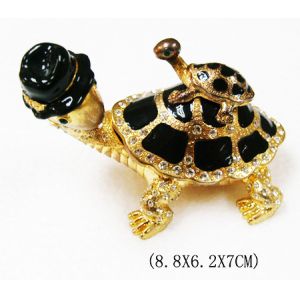 Lovely turtle metal alloy pewter jeweled enameled trinket box