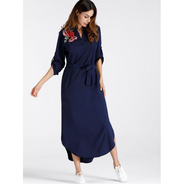 Mexican Embroidered Side Split Belt Dress