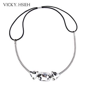 China VICKY.HSIEH Rhodium Tone Geometrical Rectangle Triangle Clear Rhinestone Elastic Headband on sale
