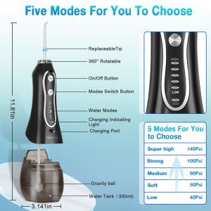 Deep Teeth Cleaning Electric Oral Irrigator with 300ml Detachable Water Tank and