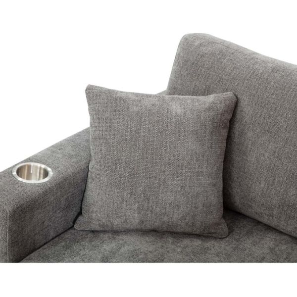 L-Shaped Sectional Sofa with Drawer and 2 Pillows and Stainless Steel Cup Holders, Gray Chenille