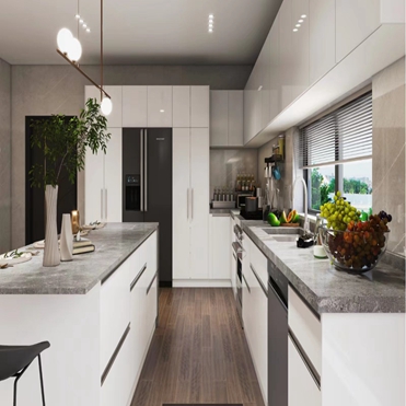 Solid Wood Kitchen Cabinets with Beveled Edge Countertop Edging and MDF Door Material