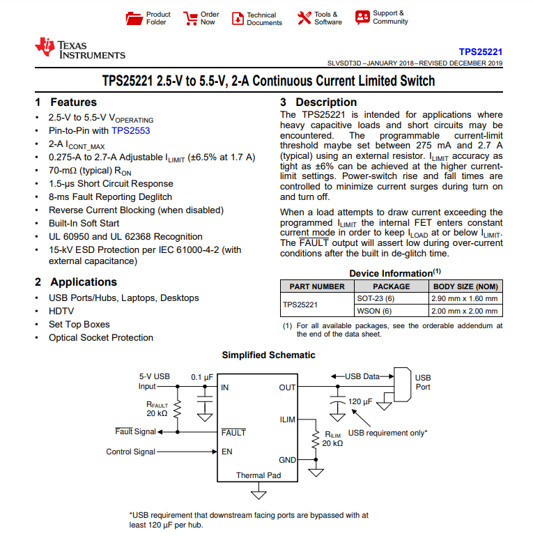 TPS25221DBVR Current Switch Regulator 2A SOT-23-6 ±6% 2.5V ~ 5.5V