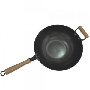 China Heavy Duty 14 Inch Cast Iron Pan Chinese Wok Pan With Wooden Handle And Glass Lid on sale