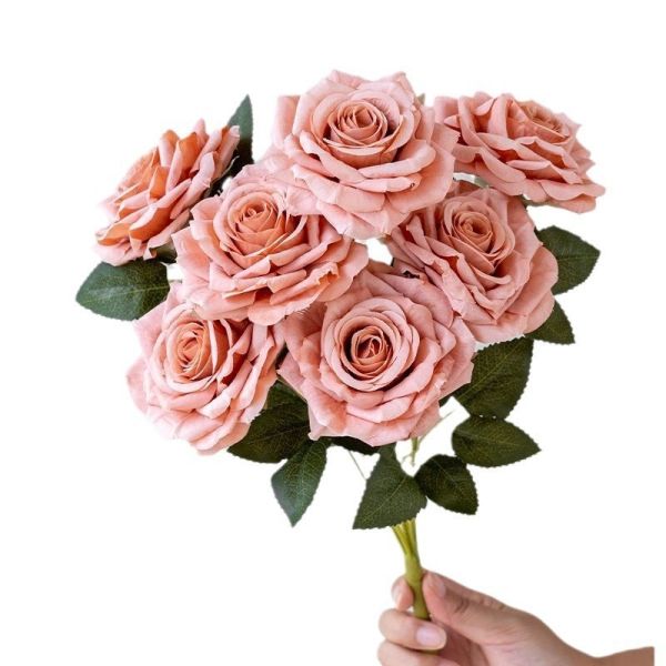 Simulated Flower 7-Head Cappuccino Silk Flower Simulated Rose Bundle Rose Wedding Fake Flower Decoration Flower Simulated Fake Flower