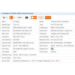 15.6 " Industrial LCD Panel LP156UD1-SPB1 4k Display 3840*2160 UHD IPS LED 300