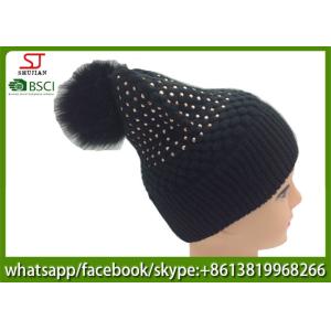 Chinese manufactuer free faux fur pompom knitting stripe hat cap patterns beanie
