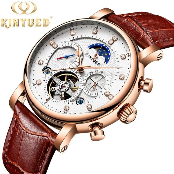 Automatic Mechanical Watch Leather Moon Phase With Diamond Crystal Mechanical